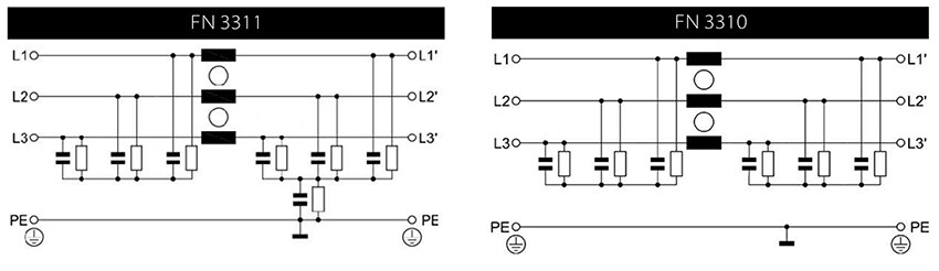 Schematic - TE Connectivity / Schaffner FN3311/FN3310 Power Line AC EMC/EMI Filters